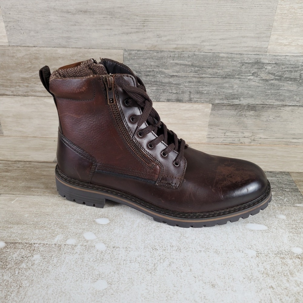 Steve Madden Saal Men Ankle Boot Sz 9 D Brown Leather Lace Up Side Zip Round Toe